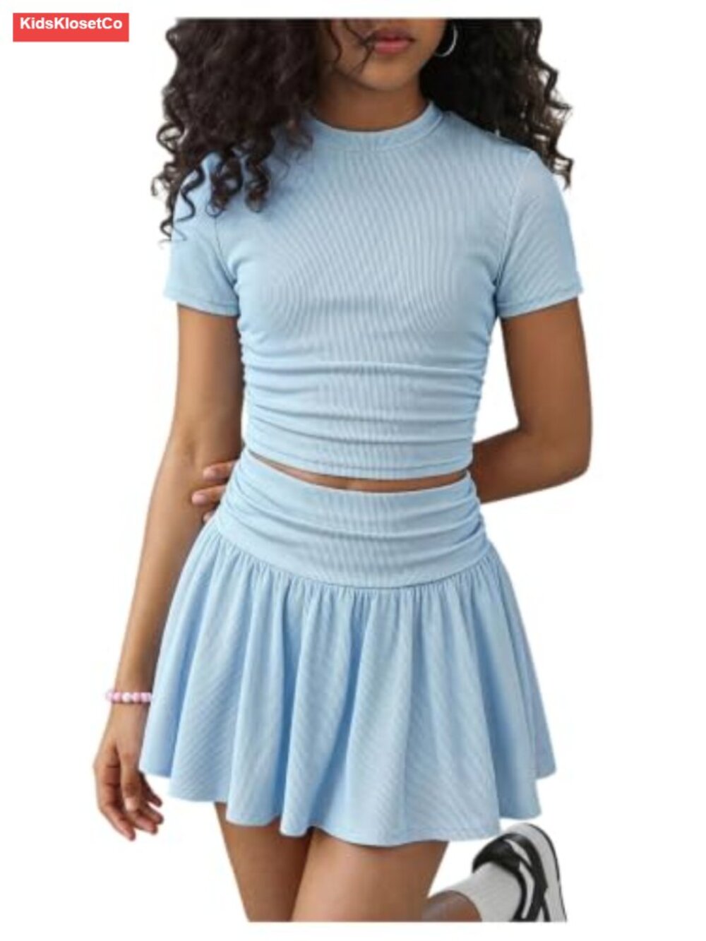 Girls 2-Piece Ribbed Knit Skirt Set with Ruffle Tee and Skort